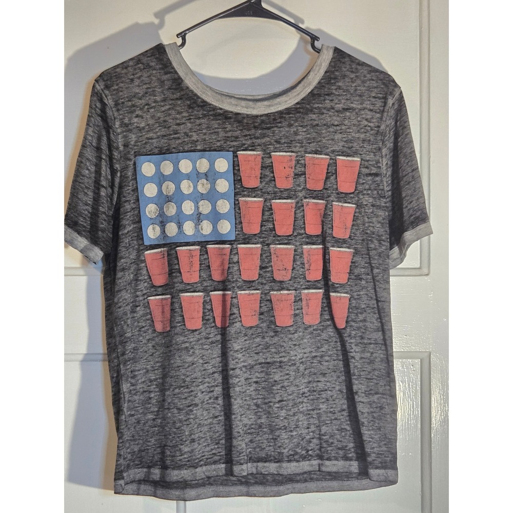 Zoe + Liv Womens XL Red Party Cup American Flag Burnout Ringer T-Shirt Grey